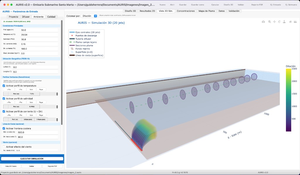 AURIS - Simulación 3D de emisario submarino con jets y campo de dilución