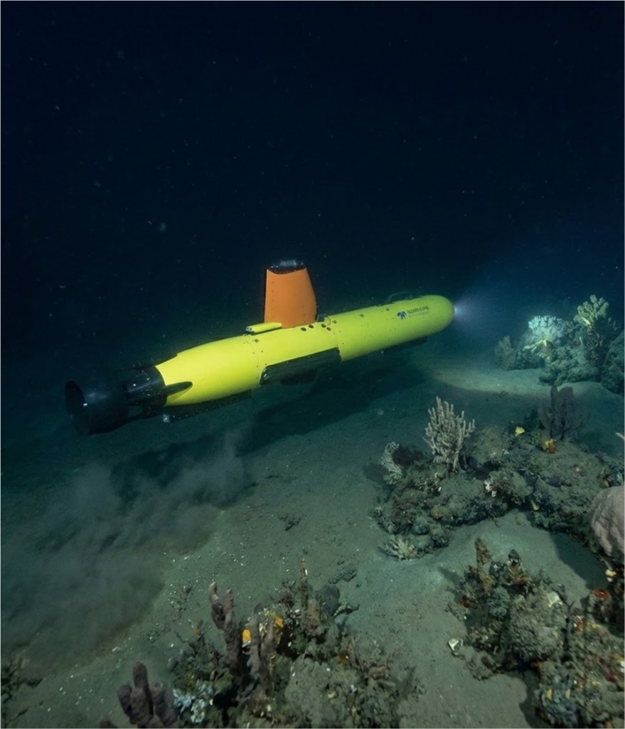 ROV submarino de inspección realizando operaciones de mapeo del fondo marino