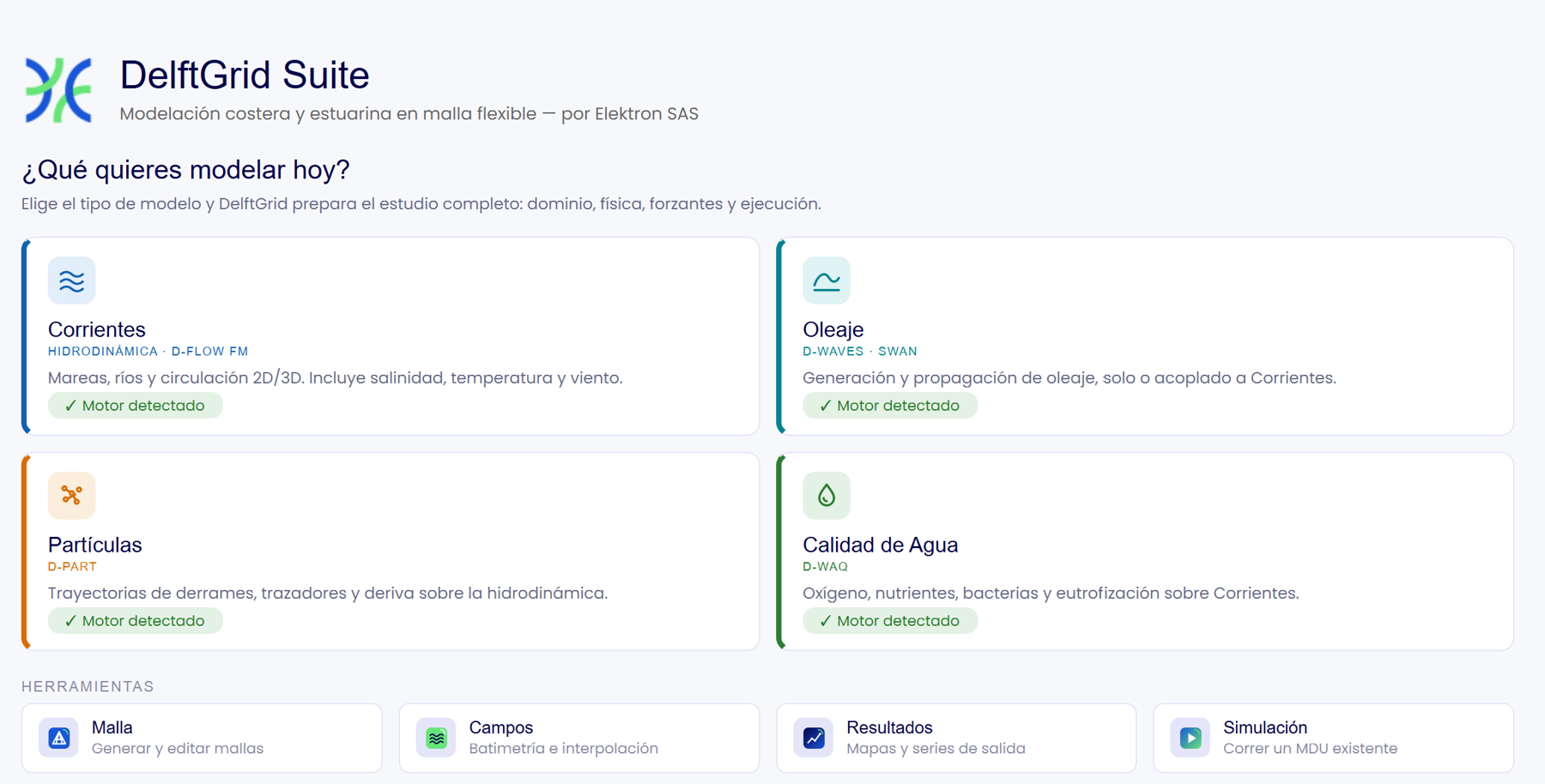 DelftGrid Suite - pantalla de inicio con módulos de Corrientes, Oleaje, Partículas y Calidad de Agua