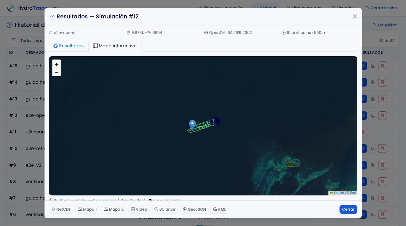 HydroTrace - mapa interactivo con trayectorias de partículas y descargas GeoJSON/KML