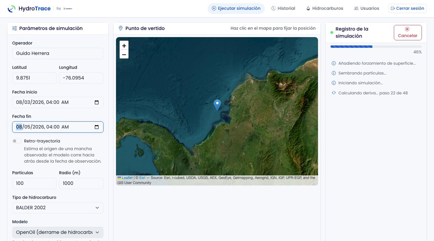 HydroTrace - módulo de ejecución con retro-trayectoria, punto de vertido satelital, barra de progreso y registro en vivo